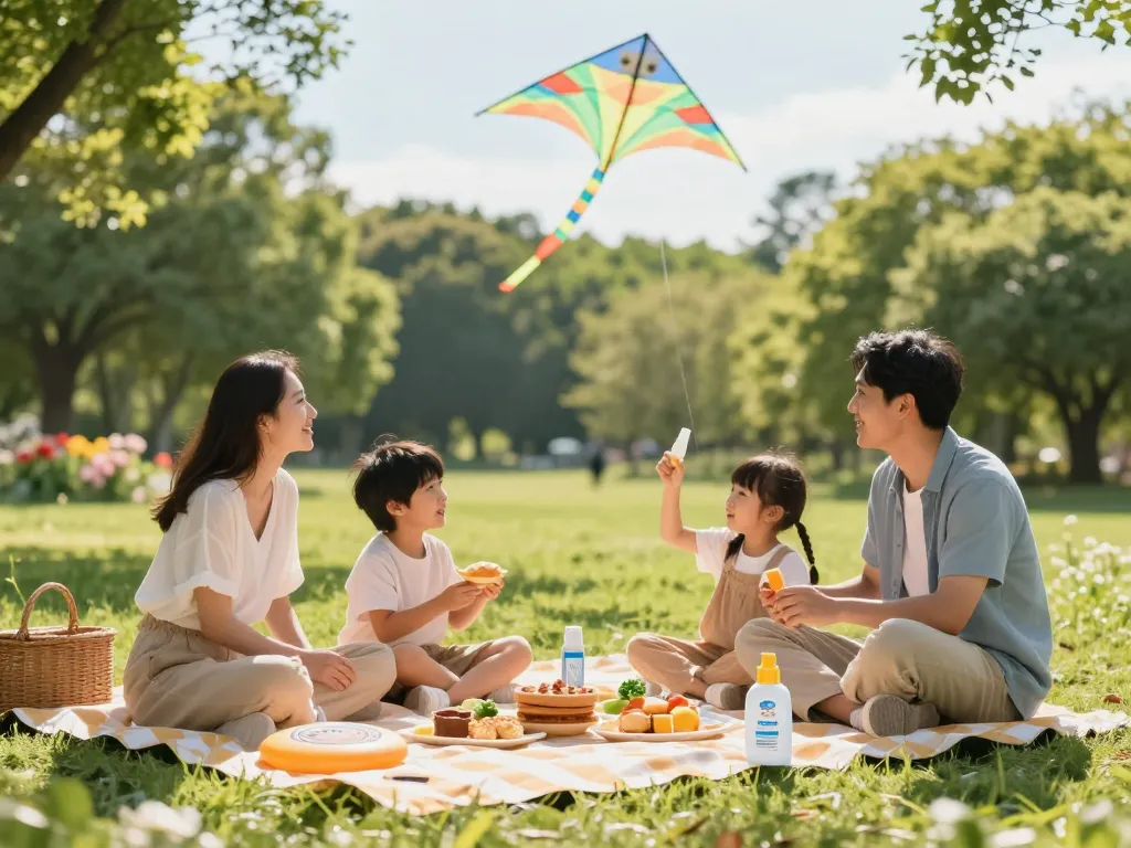 Family enjoying a picnic with mosquito repellent spray in a sunny park