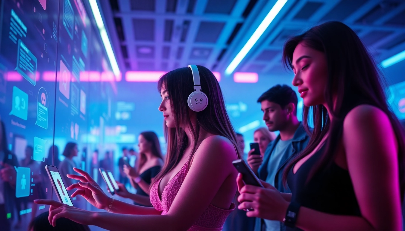 Engaging visual representation of sex chat AI with vibrant, futuristic characters conversing on digital screens.