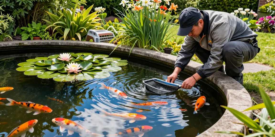 Pond Cleaning Kent service featuring a technician maintaining a vibrant garden pond with koi fish and water lilies.