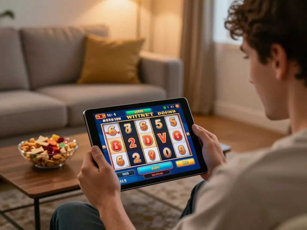 Player winning on a slot gacor saat ini game through a tablet in a cozy living room setting