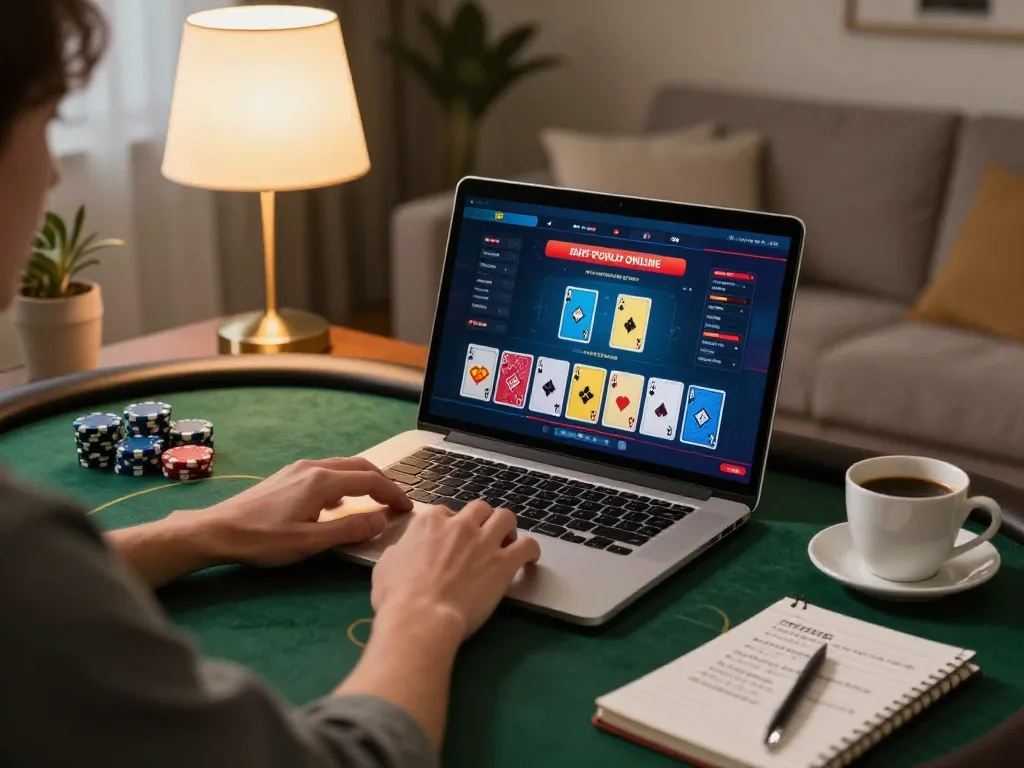 Suasana menarik permainan daftar poker online di rumah, menampilkan grafis yang cerah, laptop, dan catatan strategis.