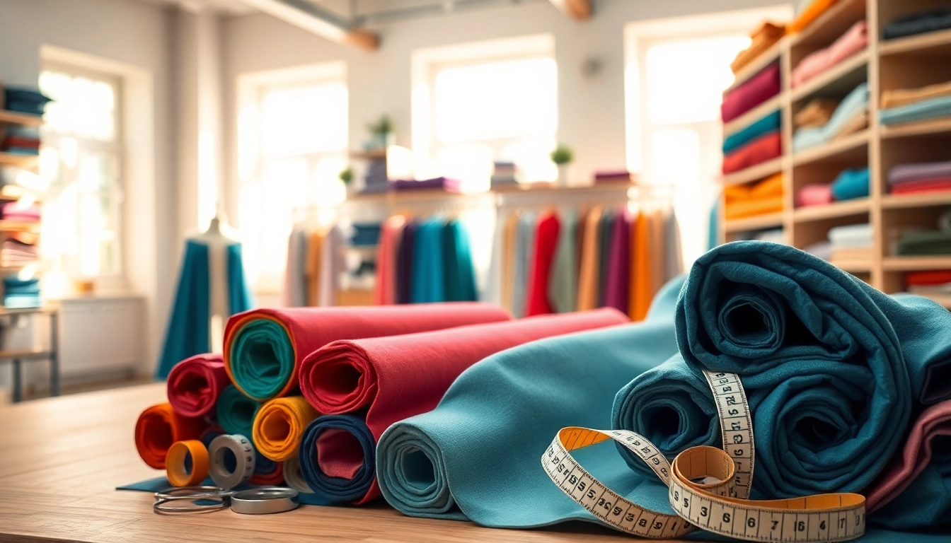 Kant stof voor kleding rollen in een stijlvolle naaiwerkplaats met kleurrijke stoffen.