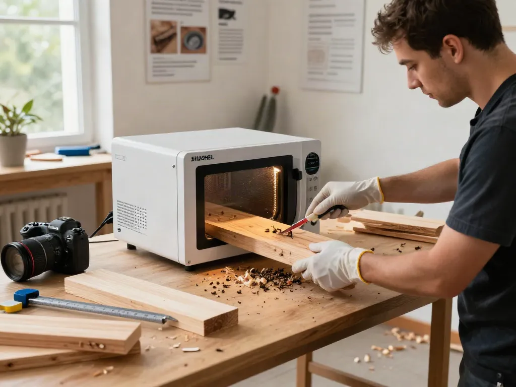 Technician using SHASHEL® microwave device for woodworm elimination in workshop.