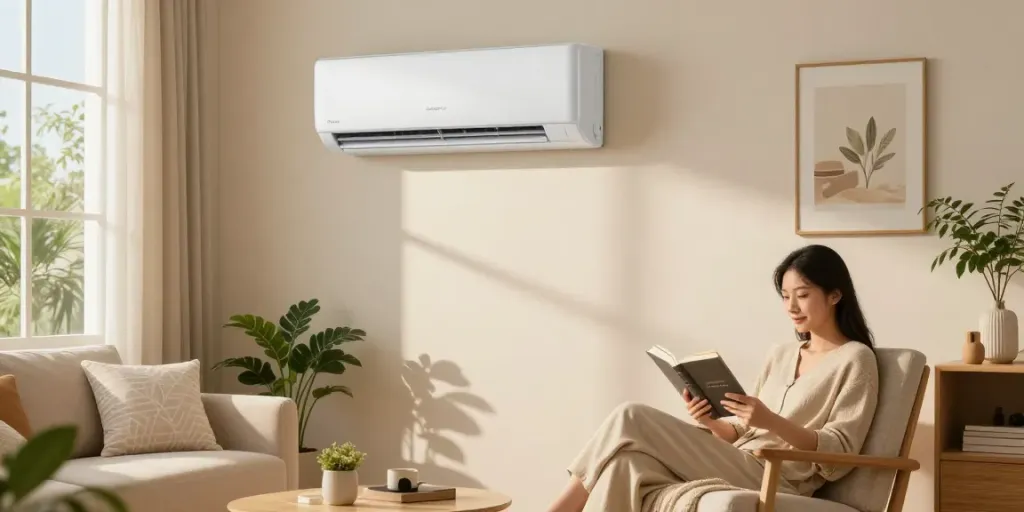 Cozy living room featuring a mini split 24000 btu air conditioning unit, showcasing stylish decor.