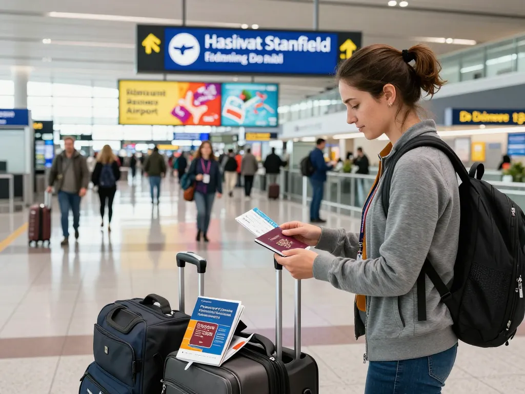 Traveler ready for journey to dinburgh Airport from Halifax; at vibrant airport terminal