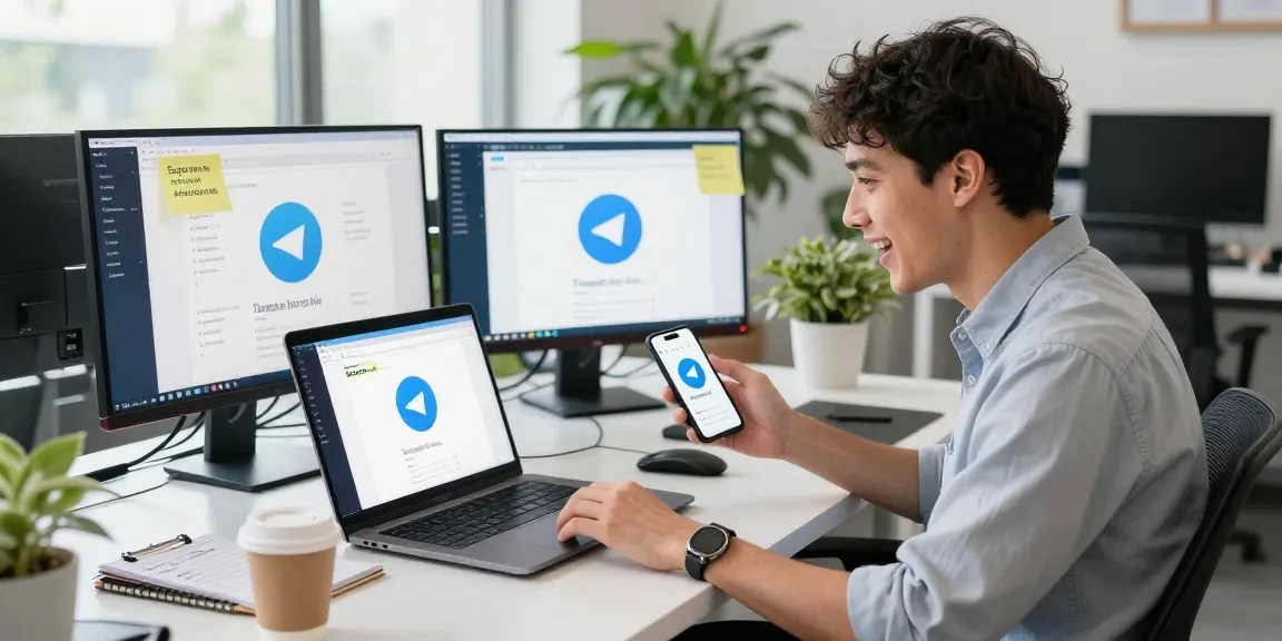 Engaging with the Telegram中文 app in a bright digital workspace, showcasing interactive features.
