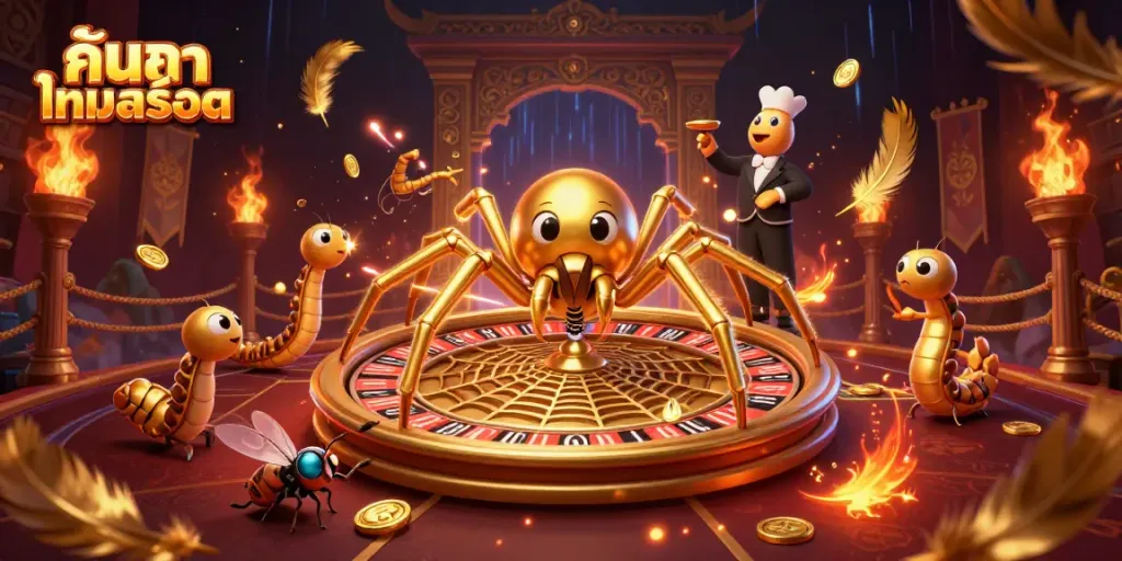 Engage in ค้นหาเกมสล็อต with a colorful 3D casino scene featuring a golden spider and centipede croupier.
