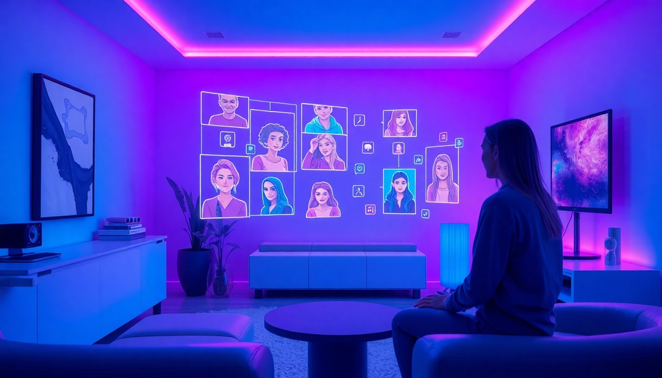 Engaging AI sex chat experience with vibrant ambiance and holographic displays