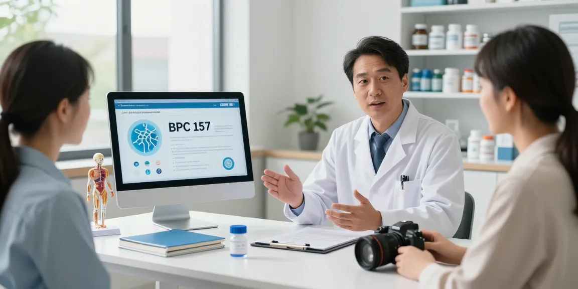 BPC 157 Benefits illustrated in a modern healthcare setting with a professional discussing peptide advantages to a patient.