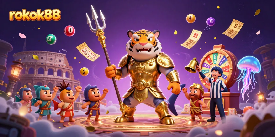 Engage with rokok88's thrilling lottery scene featuring whimsical characters, vibrant game elements, and energetic atmosphere.