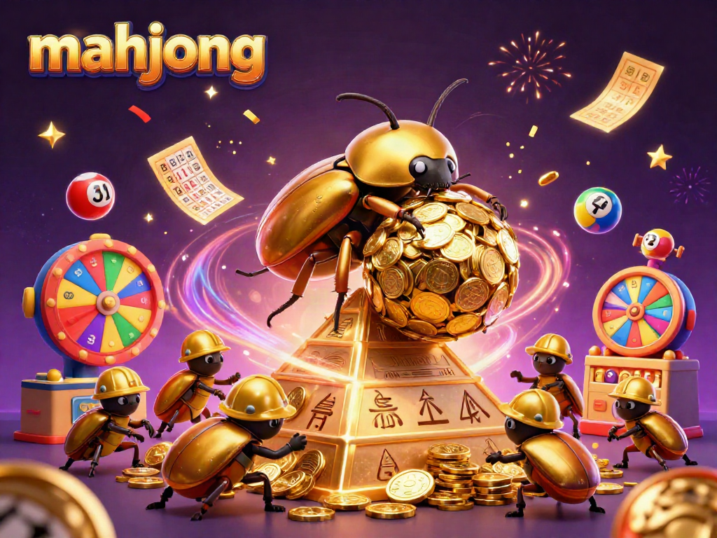 Experience exciting mahjong action with golden beetles in a vibrant casino scene.