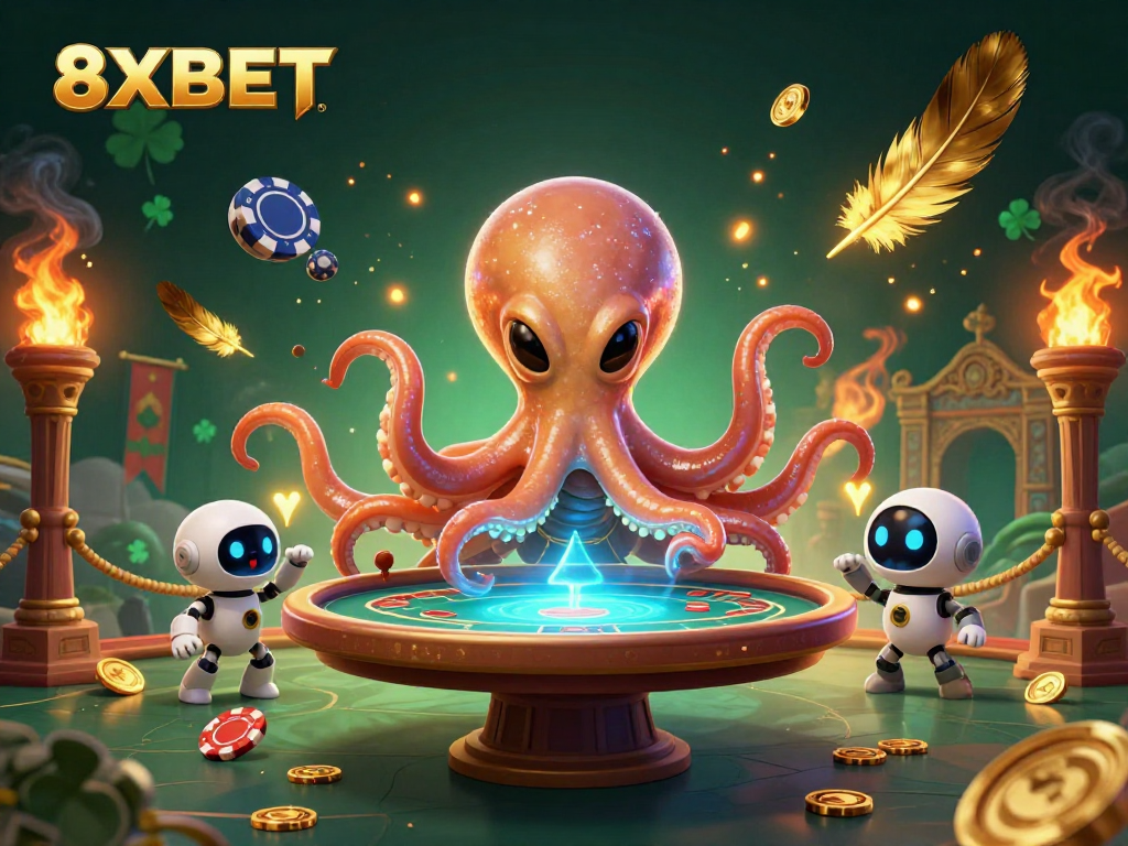 Engage in thrilling poker action with 8XBET, where an excited alien octopus hosts the game.