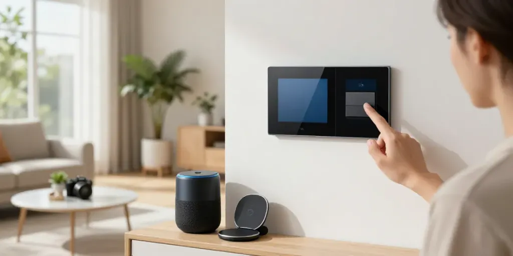 Smart home living room showcasing کلید لمسی with modern decor and ambient lighting.
