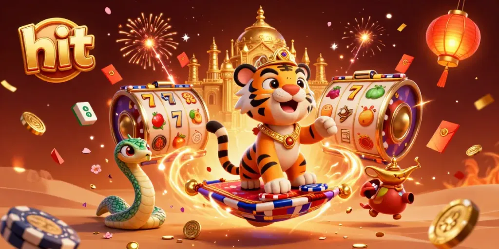 Hit the jackpot with vibrant slot reels and characters celebrating in a magical casino atmosphere.