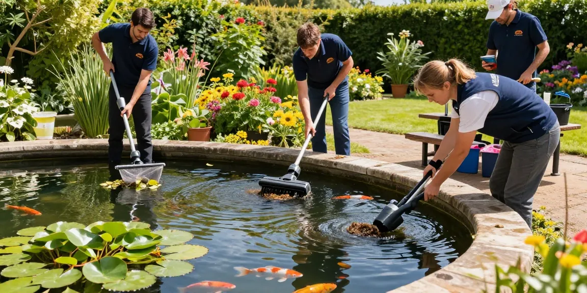 Professional Pond Cleaning Surrey service team cleaning a residential pond in sunny garden.