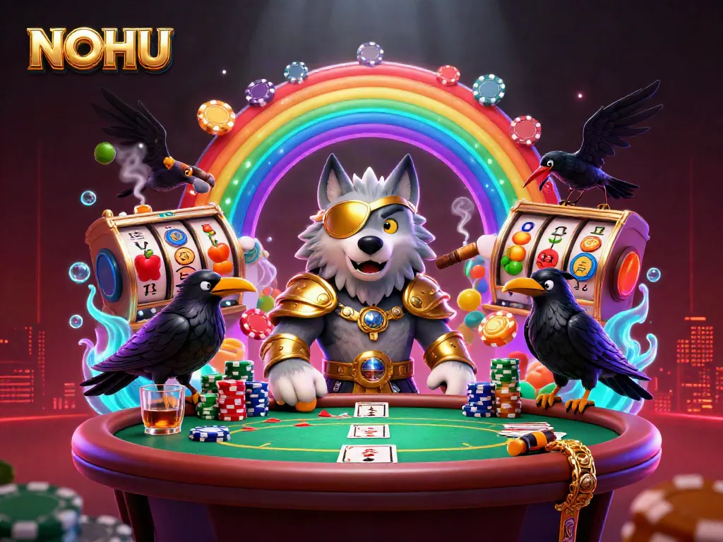 Engaging illustration of NOHU’s casino gaming scene showcasing an Odin wolf in golden armor with dynamic gambling elements.