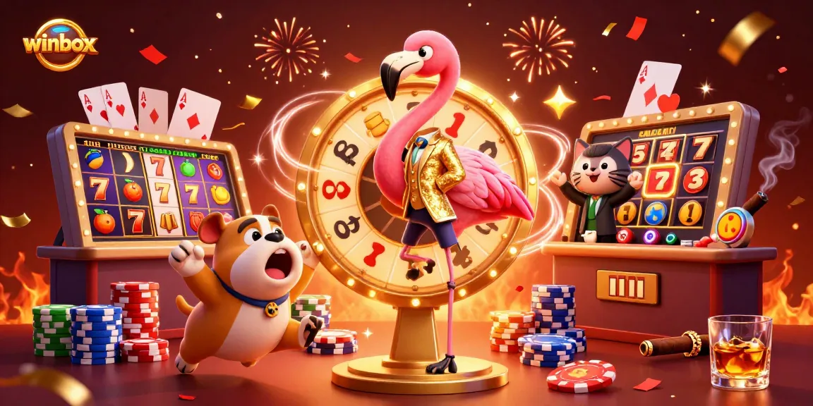 Winbox casino illustration showcasing a lively game show scene with spinning slot reels and vibrant gaming elements.