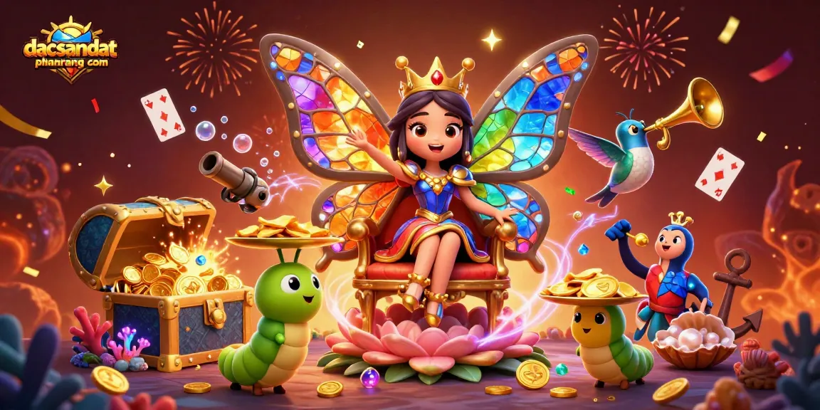 Engage with dacsandatphanrang com's vibrant casino experience adorned by a butterfly queen and celebratory elements.