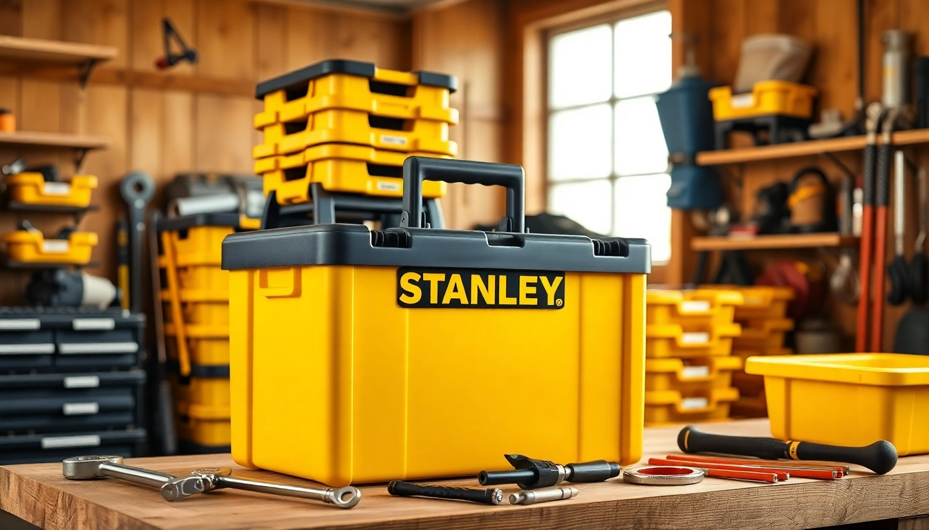 Store and organize your tools effortlessly with the Stanley stackable tool box, seen on a bright workbench.