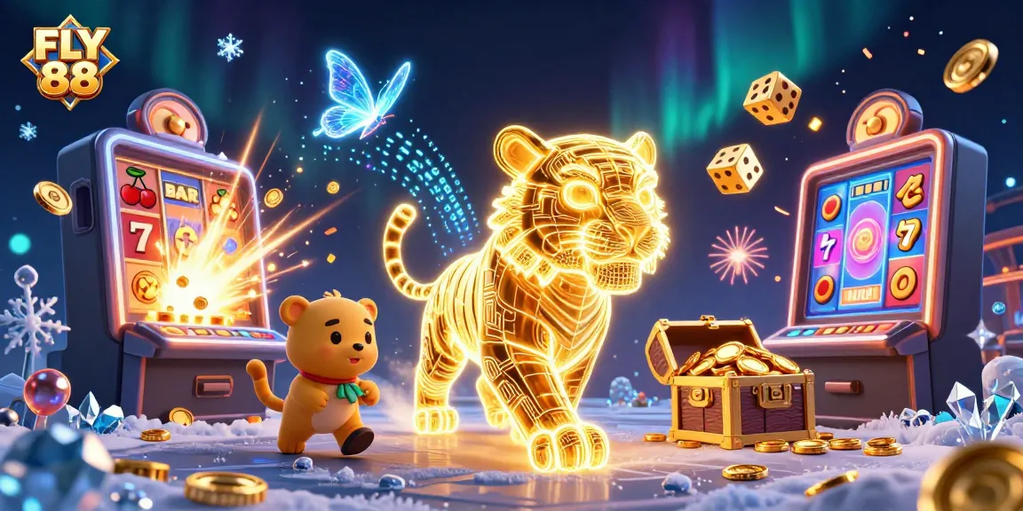 Engage with FLY 88 as the golden tiger prowls through a vibrant casino, showcasing exciting game elements.
