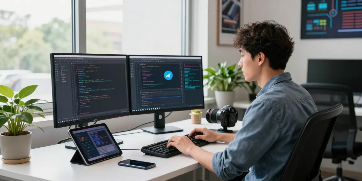 Developer coding on Telegram interface in Chinese within modern workspace, showcasing 纸飞机中文版 software.