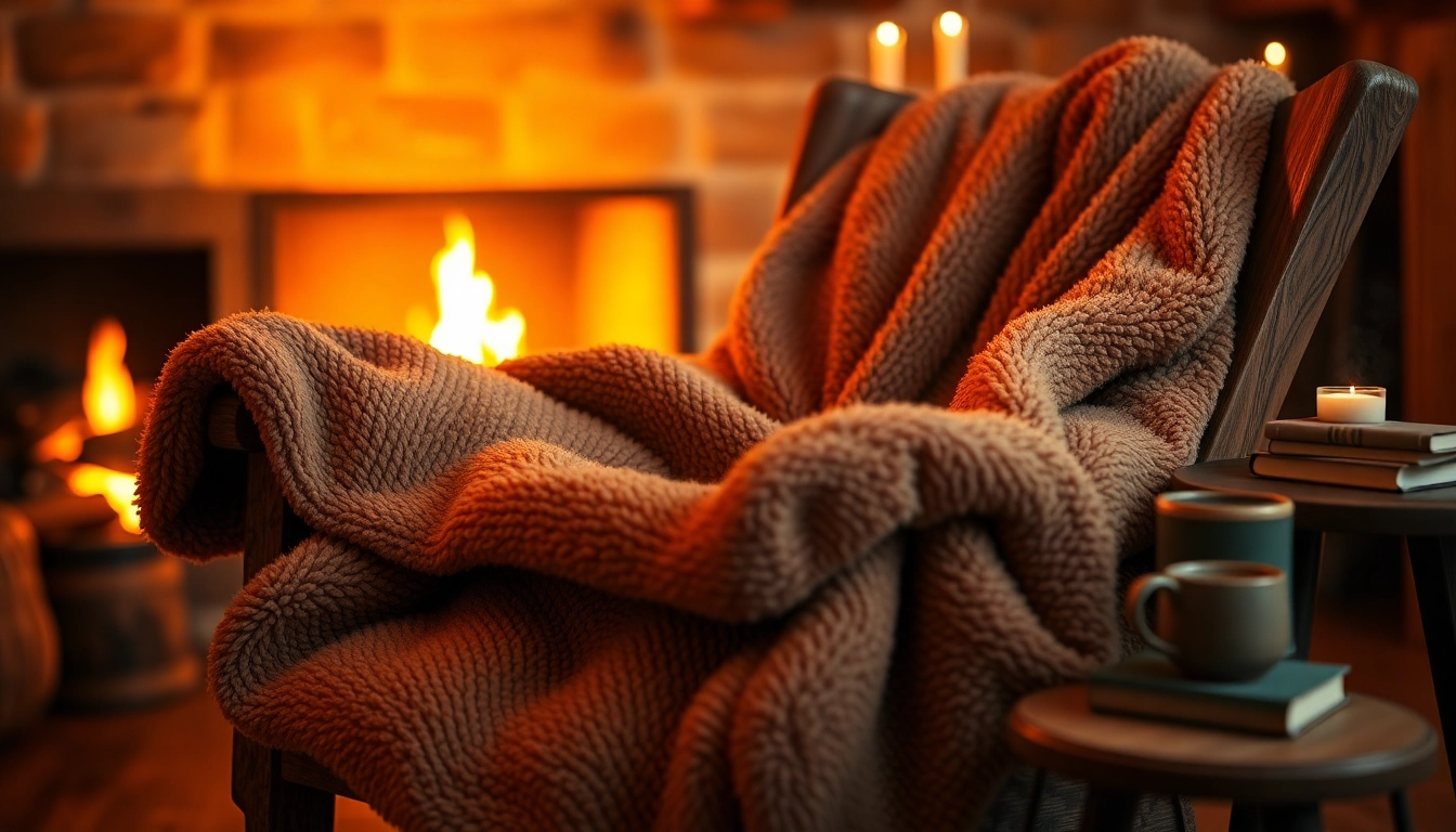 Fleece deken op een houten stoel naast een gezellig haardvuur.