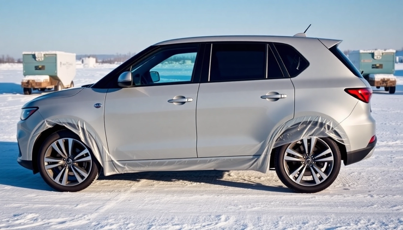 PPF winter road salt protection exemplified by a car shielded from winter elements.