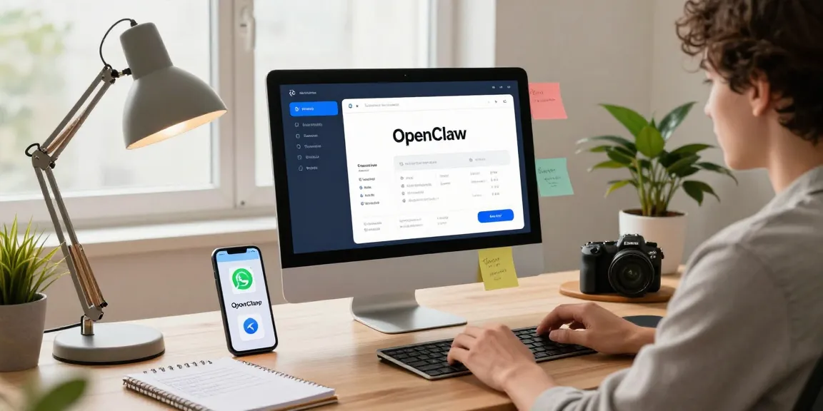 personal AI assistant setup with open claw on desktop, smartphone notifications, and bright home office