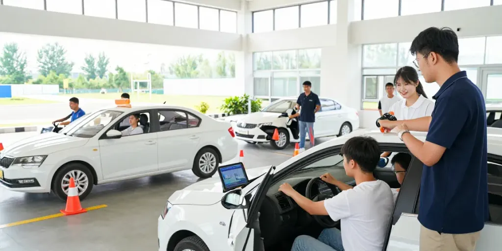Group of students at scoala auto chisinau practicing driving skills with modern Skoda vehicles and experienced instructors.