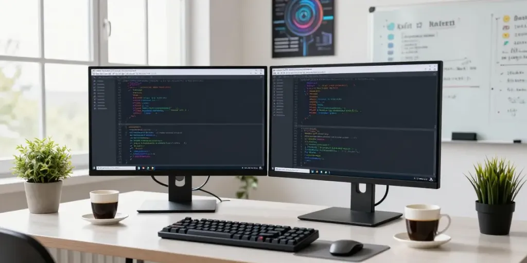 Programmer coding with Notepad++ setup featuring dual monitors, coffee, and plant at a bright office.