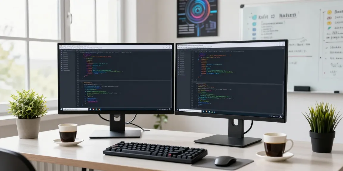 Programmer coding with Notepad++ setup featuring dual monitors, coffee, and plant at a bright office.
