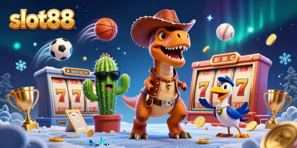 Engage with slot88 and experience thrilling jackpots, surrounded by vibrant characters and gambling elements.