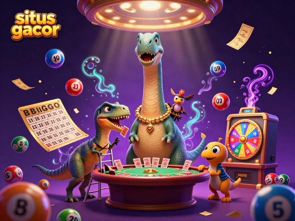 Engage with situs gacor at a vibrant casino scene filled with colorful lottery elements and dynamic characters.
