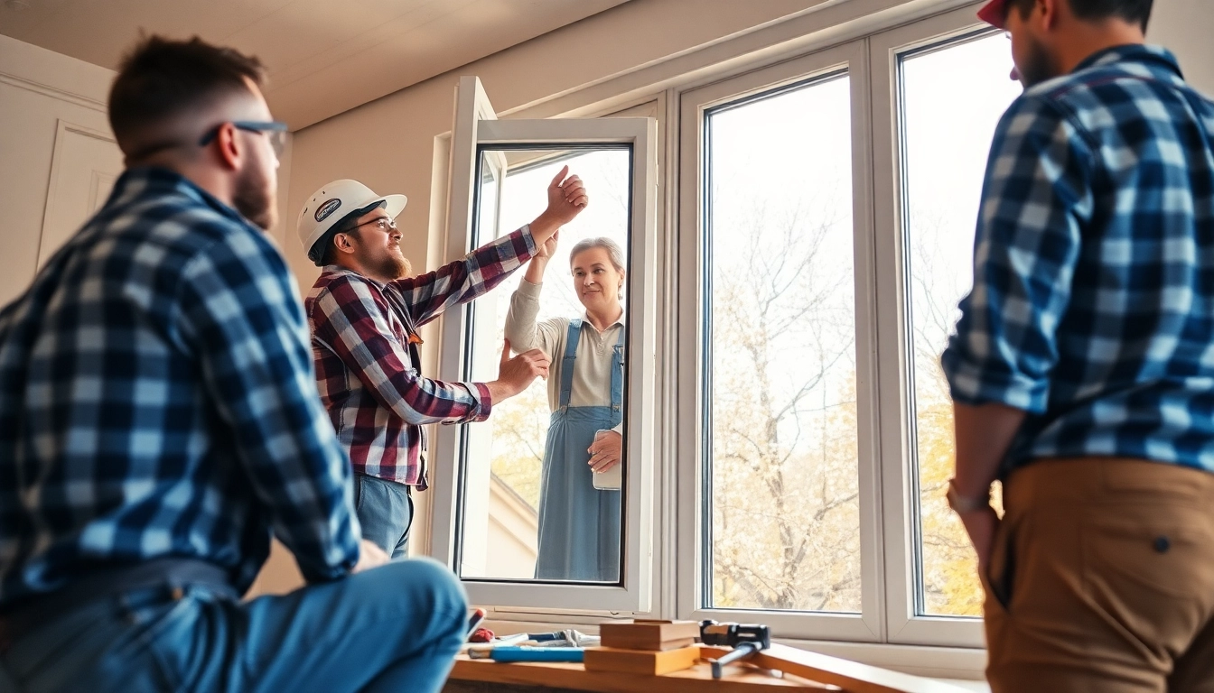 Expert window installation team diligently working to replace windows in a bright home.