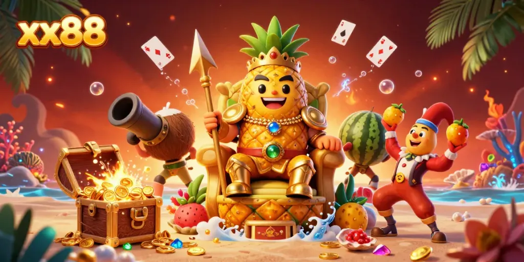 Experience the vibrant beach casino scene of xx88 with a lively pineapple king, treasure chests, and whimsical characters.