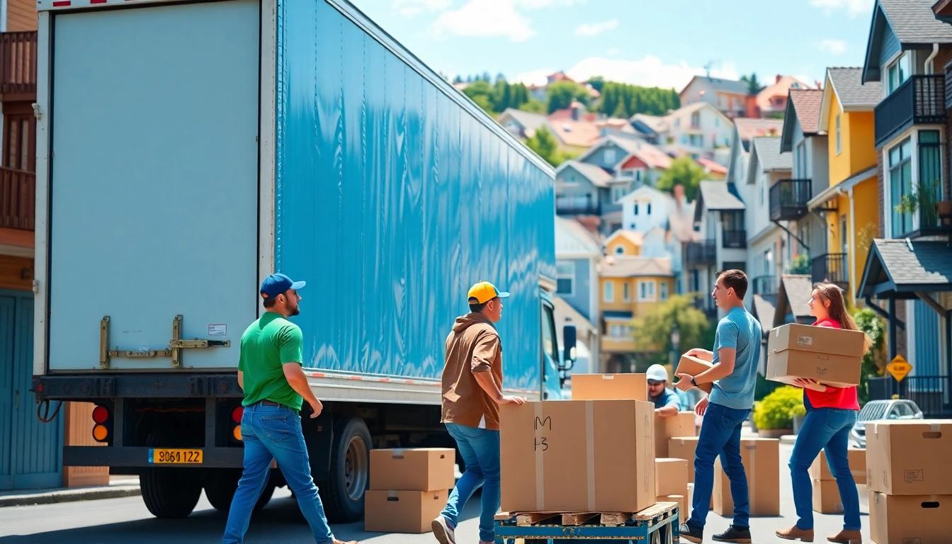 Moving companies across provinces efficiently packing a truck in a vibrant city.