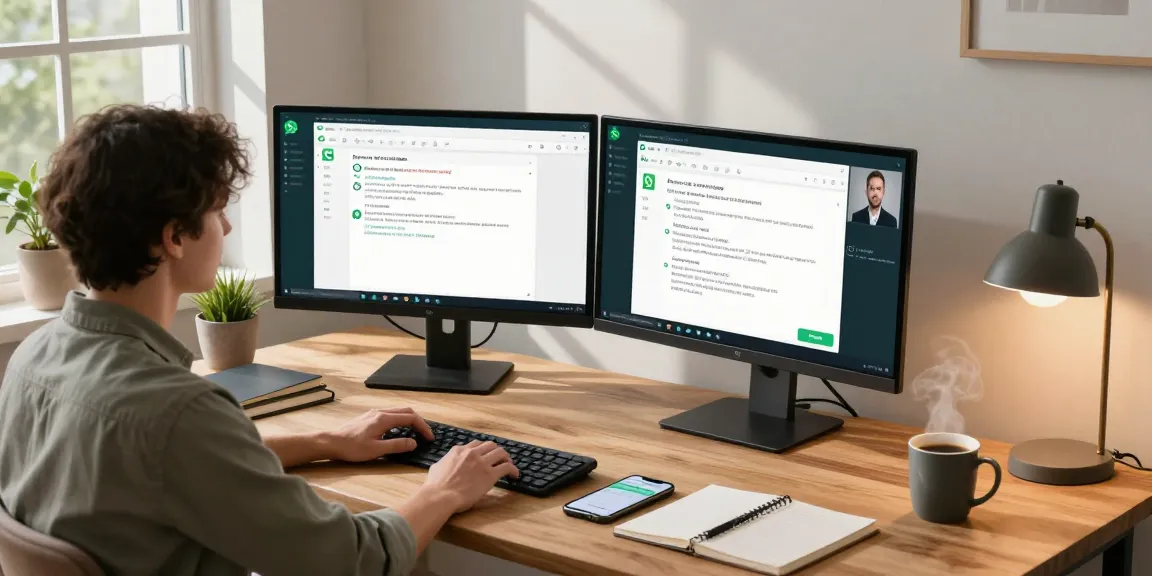 Modern workspace with user engaging on WhatsApp電腦版 at a stylish desk, featuring dual monitors and cozy atmosphere.