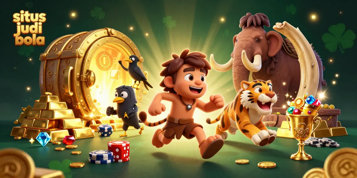 Engage in situs judi bola fun with a 3D caveman casino scene featuring dynamic characters and sparkling treasures.