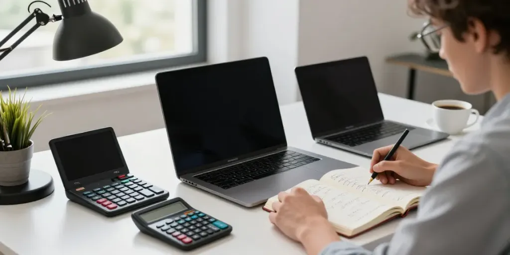 Calculator Online user solving math problems at a modern workspace.