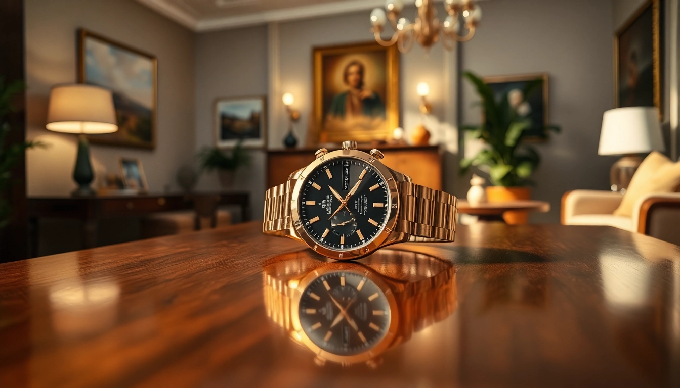 Admired replica watch on a polished table under warm lighting, showcasing its luxury details.