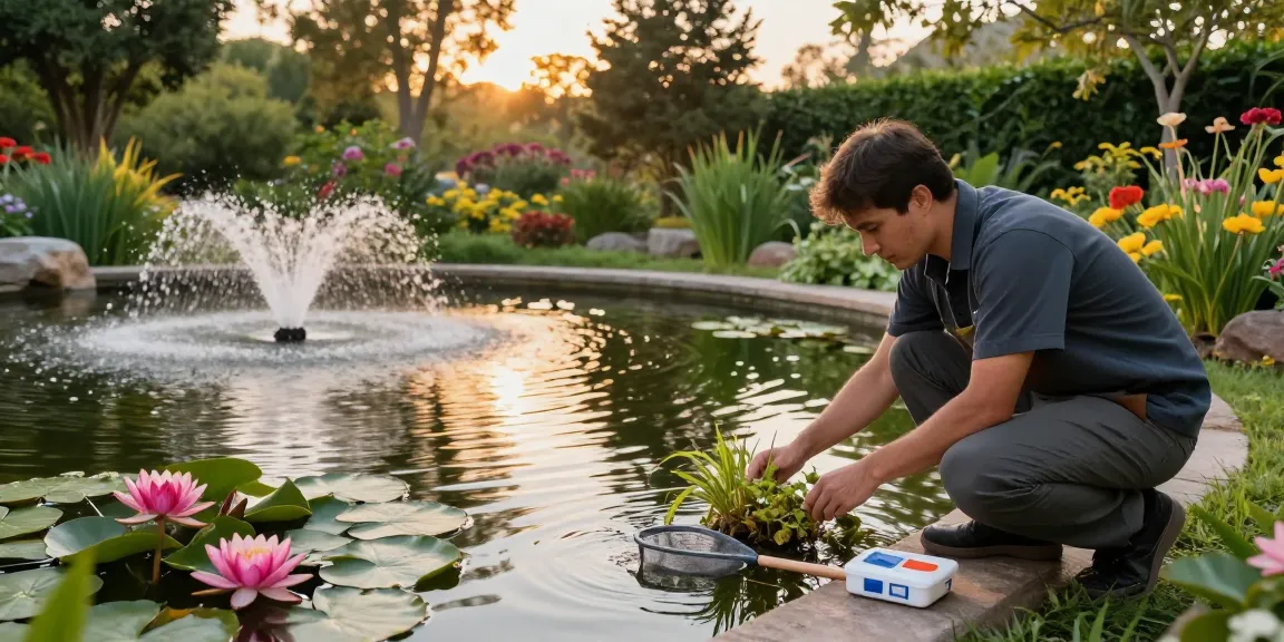 Pond specialist inspecting a beautiful backyard pond with water lilies and aquatic plants, creating a serene garden atmosphere.