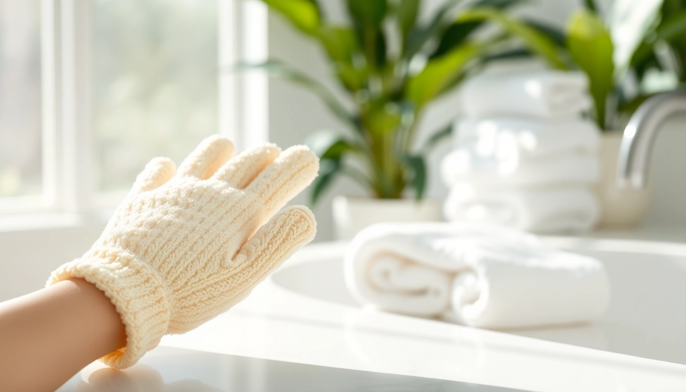 Hand loofah glove resting on a white marble countertop, showcasing its texture and quality.