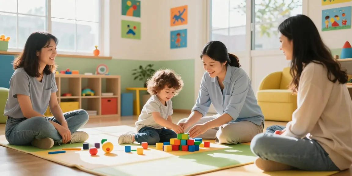Occupational therapy near me scene showing therapist assisting a child with motor skills in a bright playroom.