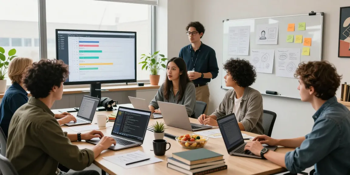 Dynamic team collaborating on Custom Software Development Services in a modern workspace.