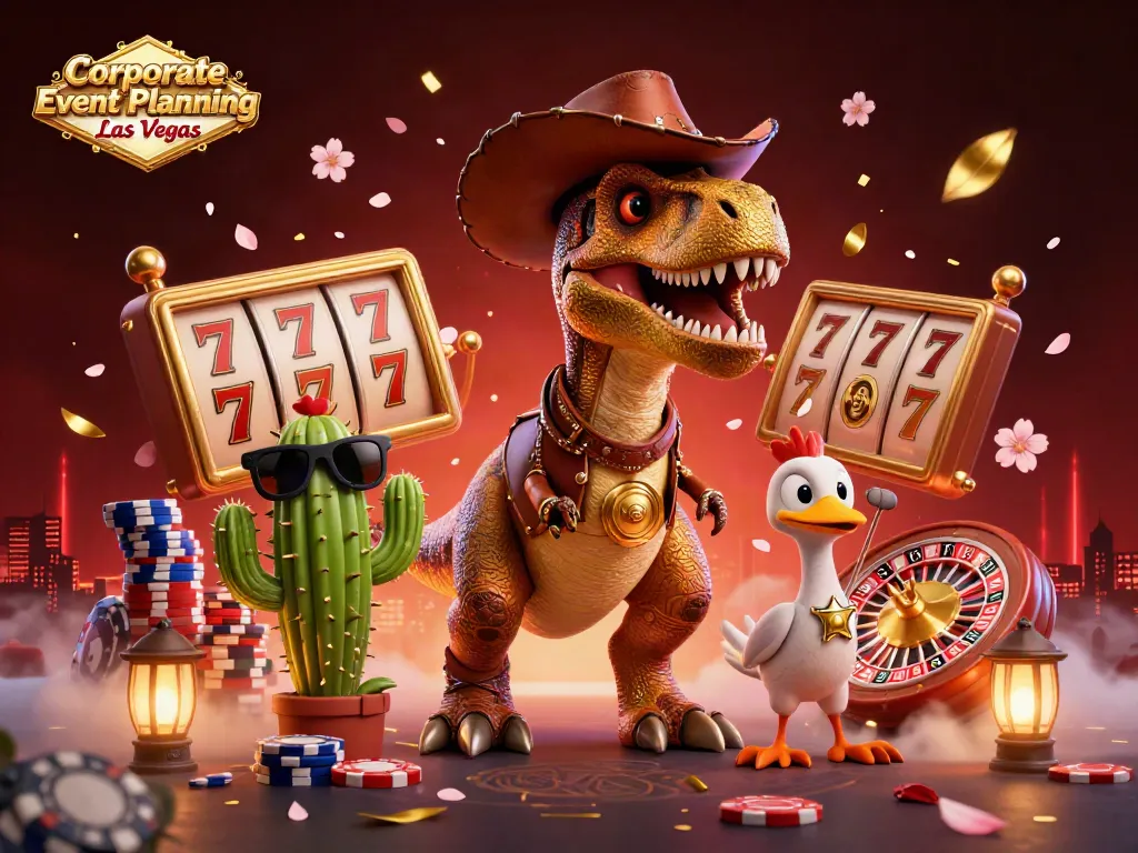 Engaging scene showcasing Corporate Event Planning Las Vegas with vibrant casino-themed characters and dynamic gaming elements.