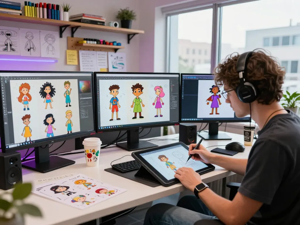 Creative workspace depicting NSFW AI character design with artist sketching and vibrant designs on monitors.