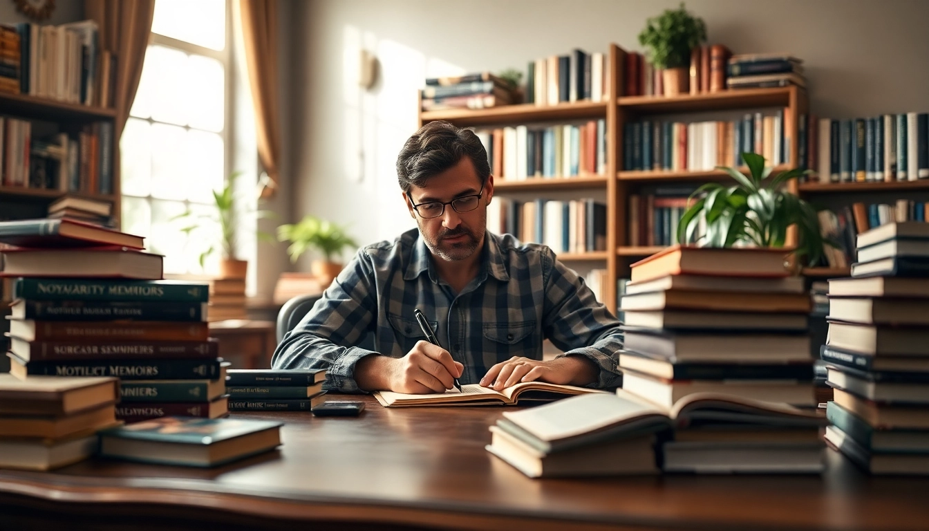 Capture the essence of a Motivational Memoir through a focused author in a cozy library.