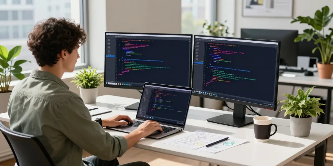 Programmer using Notepad++ with dual monitors in a bright workspace.