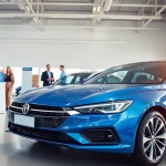 Buy a car in a welcoming showroom with shiny vehicles and friendly representatives.