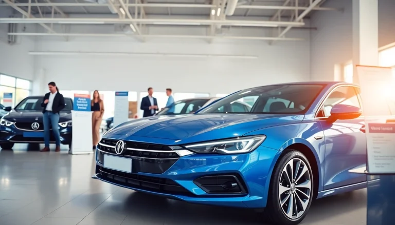 Buy a car in a welcoming showroom with shiny vehicles and friendly representatives.